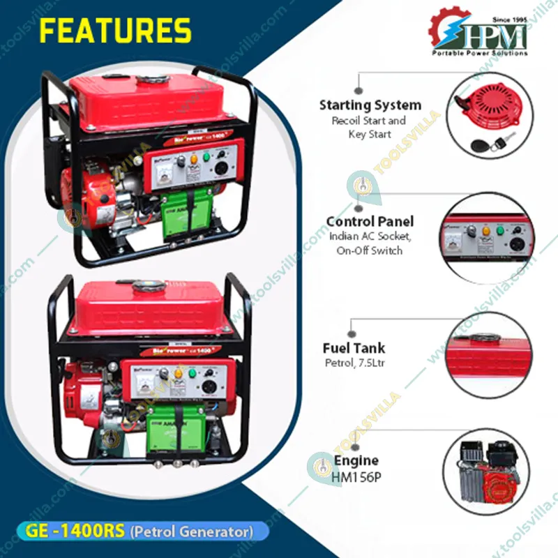 HPM 1.2 KVA Recoil and Self Start Single Phase Portable Petrol Generator (GE-1400RS)
