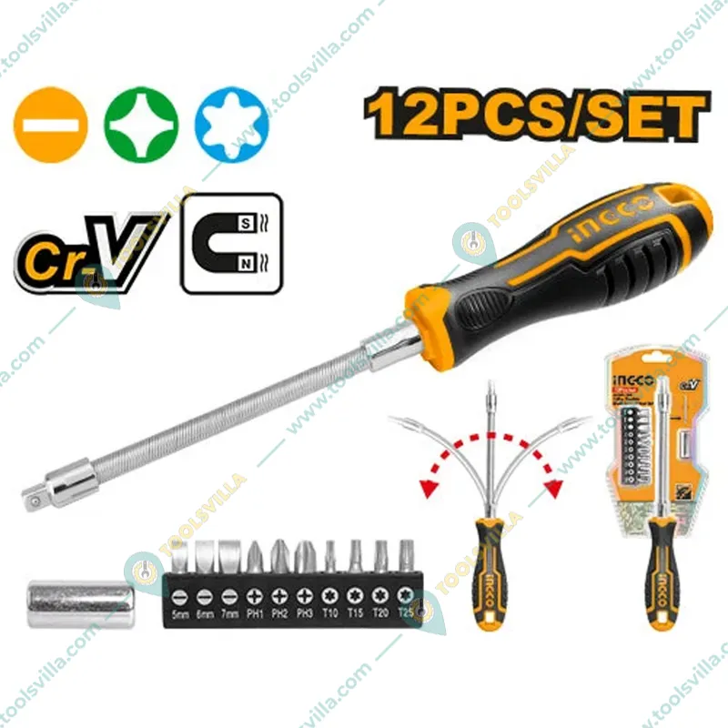 Ingco 12 Pcs Flexible Shaft Screwdriver Bits Set (AKSDFL1208)