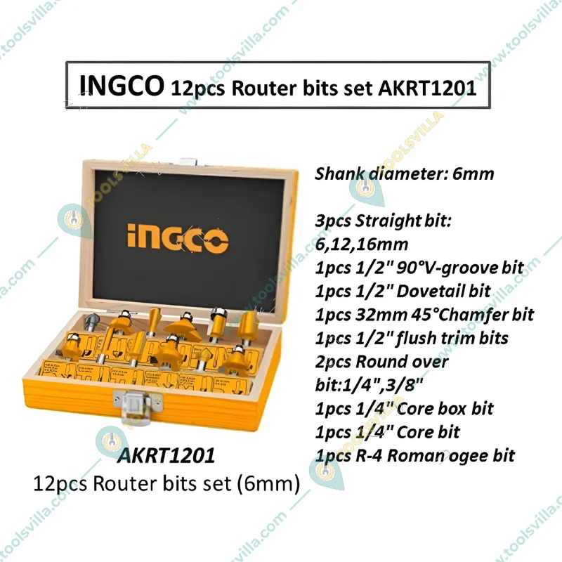 Ingco 12 Pcs Router Bits Set (6 mm) (AKRT1201)