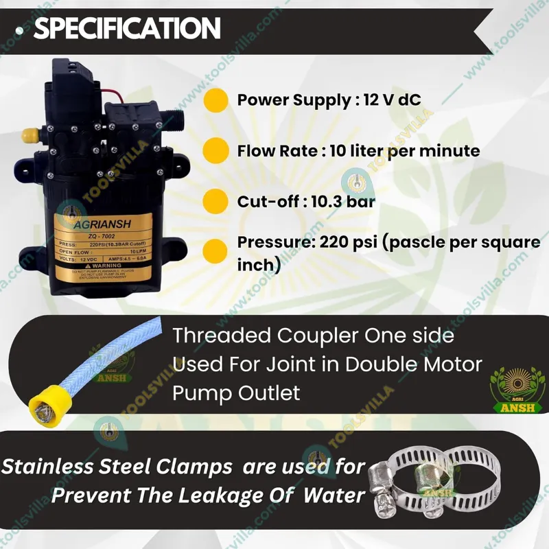 Agriansh 12v DC Diaphragm Pump for Battery Sprayer  Used in Farm Agriculture Mist Spray, Car Bike Wash, Sanitizing Etc.