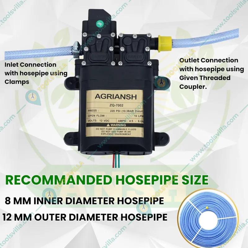 Agriansh 12v DC Diaphragm Pump for Battery Sprayer  Used in Farm Agriculture Mist Spray, Car Bike Wash, Sanitizing Etc.