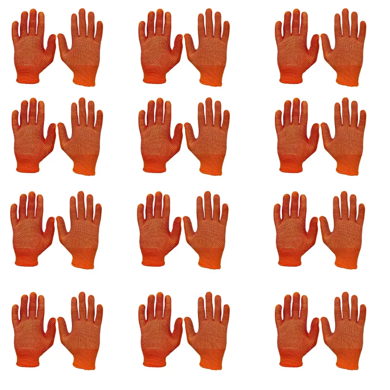 Delight 12 Pair Orange Colour 13 Gauge Large Size Polyester PVC Dotted Gloves (MPKD13-62)(O)