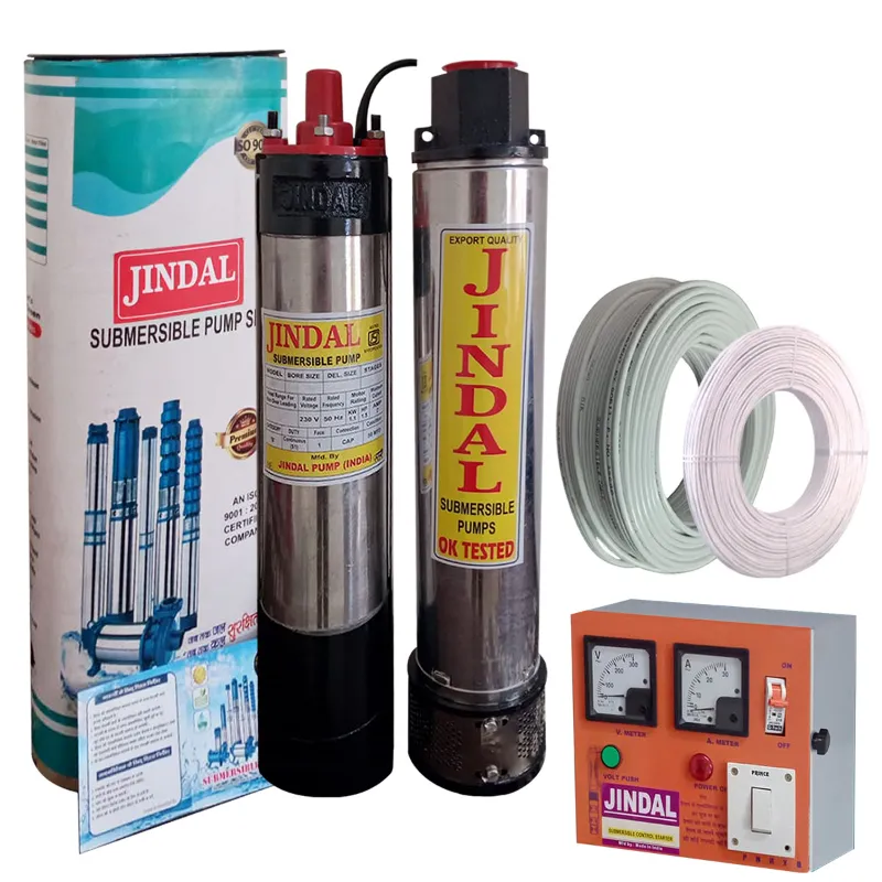 Jindal 1.5HP 12 Stage 120mm Bore 1Ph Oil Cooled Submersible Pump With CP, 30m Cable & 30m Safety Wire - 1 Year Warranty