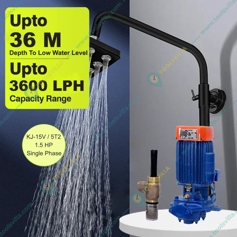 Kirloskar 1.5 HP Single Phase Jet Pump, 36m Max. Depth To Low Water Level, 3600 LPH (KJ-15V / 5T2) - 1 Year Warranty