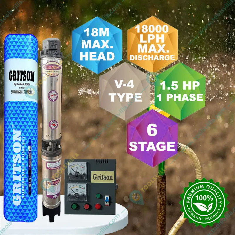 Gritson 1.5 HP 6 Stage(4 inch)V-4 1Phase Water Cooled Submersible Pump With CP & Accessories 1 Year Warranty