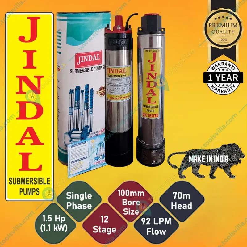 Jindal 1.5Hp 12 Stage 4 inch(V4) Single Phase Oil Cooled Borewell Submersible Pump with Control Panel - 1 Year Warranty