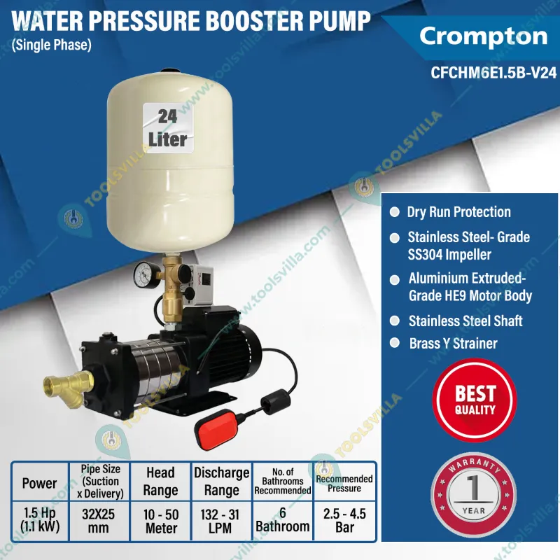 Crompton  1.5 Hp Single Phase Booster Pump With 24L Tank For 6 Bathrooms, SS Impeller (CFCHM6E1.5B-V24) - 1 Year Warranty