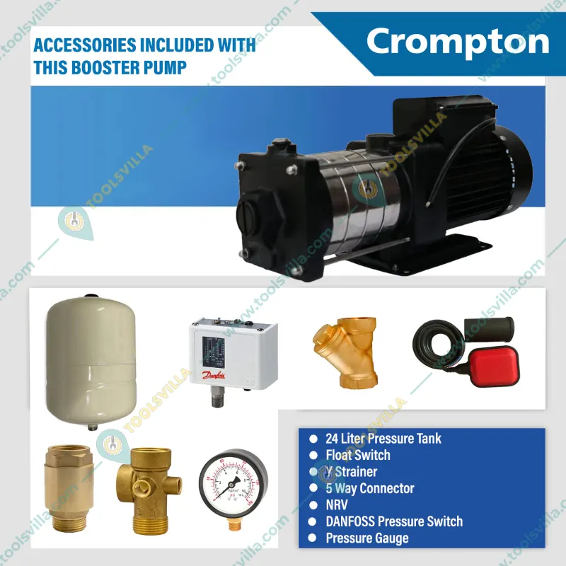 Crompton  1.5 Hp Single Phase Booster Pump With 24L Tank For 6 Bathrooms, SS Impeller (CFCHM6E1.5B-V24) - 1 Year Warranty