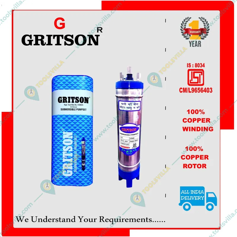 Gritson 1.5 HP 20 Stage(4 inch)V-4 1Phase Water Cooled Submersible Pump With CP & Accessories 1 Year Warranty