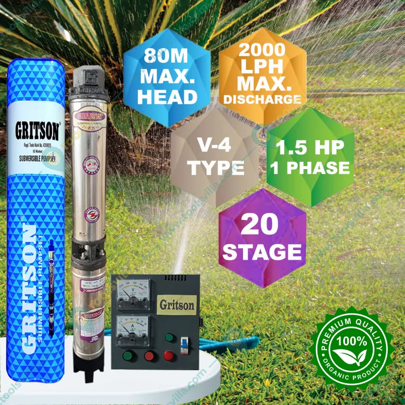 Gritson 1.5 HP 20 Stage(4 inch)V-4 1Phase Water Cooled Submersible Pump With CP & Accessories 1 Year Warranty