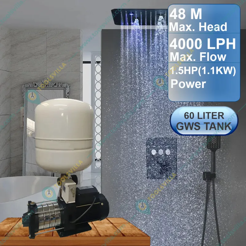 Vanora 1.5 HP 5 Bar 1Ph Copper Winding Booster Pump With 60L Pressure Tank, Suitable For 5-8 Bathrooms - 1 Year Warranty