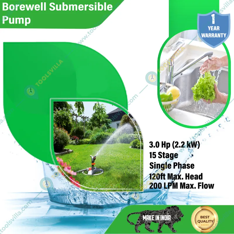 KBS 3Hp 15 Stage(4 inch) V4 Single Phase Water Cooled Submersible Pump, 120ft Head - 1 Year Warranty