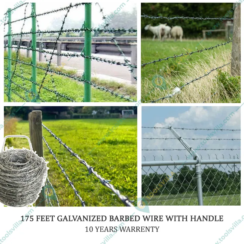Premium Quality 175 Feet 14 Gauge Galvanized Barbed Fencing Wire with Handle, 2mm Wire Thickness - 10 Years Warrenty