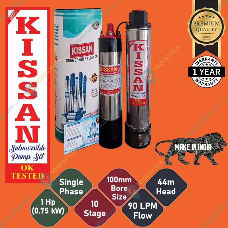 Kissan 1 Hp 10 Stage 100mm/4" Bore Single Phase Oil Cooled Borewell Submersible Pump - 1 Year Warranty