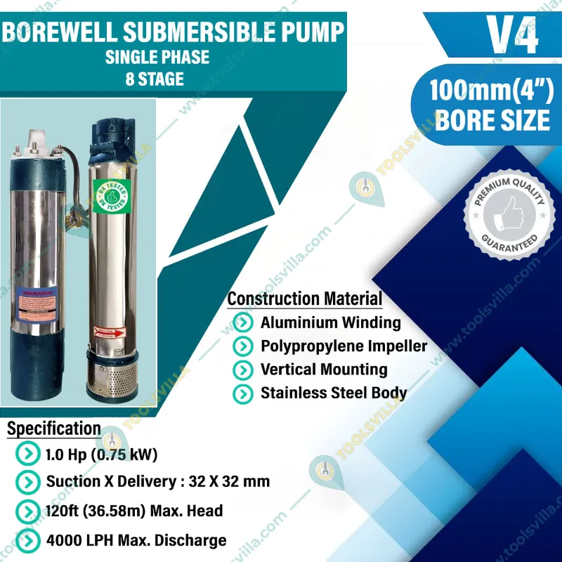 Zatak 1HP 8 Stage 4"(V4) 1Phase Oil Cooled Submersible Pump With CP, 30m Cable & 30 m Safety Wire- 6 Months Warranty