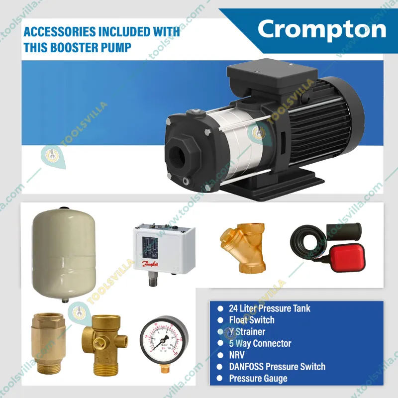 Crompton 1 Hp Single Phase Booster Pump With 24L Tank For 5 Bathrooms, SS Impeller (CFCHM4E1.0B-V24) - 1 Year Warranty