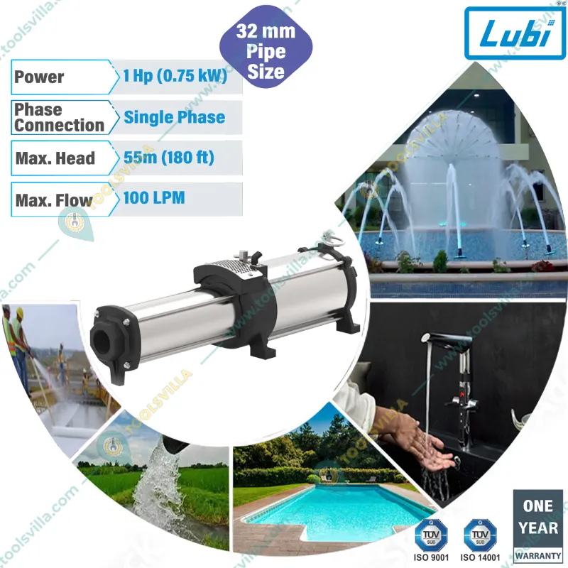Lubi 1 Hp 1Phase VERTICAL & HORIZONTAL Openwell Pump With Controller, 55m Max. Head, 32mm (LHMS-110/7) - 1 Year Warranty