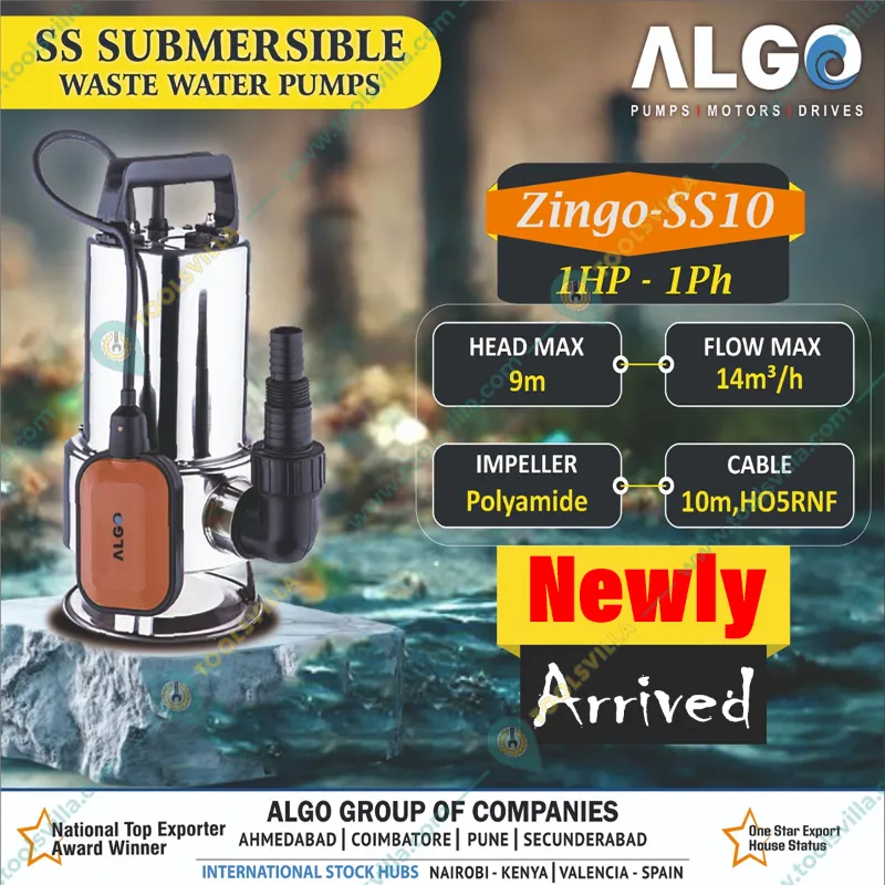 Algo 1 Hp 1Phase Sewage Submersible Pump, 9m Head, SS Body, with 10m Cable & Float Switch(Zingo-SS10) - 1 Year Warranty