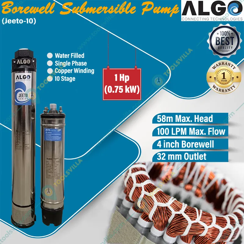 Algo 1Hp 10 Stage(4 inch) 1Ph Water Cooled Copper Winding Submersible Pump, 58m Head (Jeeto-10) - 1 Year Warranty