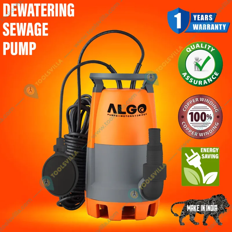Algo (Zingo-10) 1HP Single Phase Copper Winding Dewatering Sewage Pump For Clear Water With 8M Cable - 1 Year Warranty