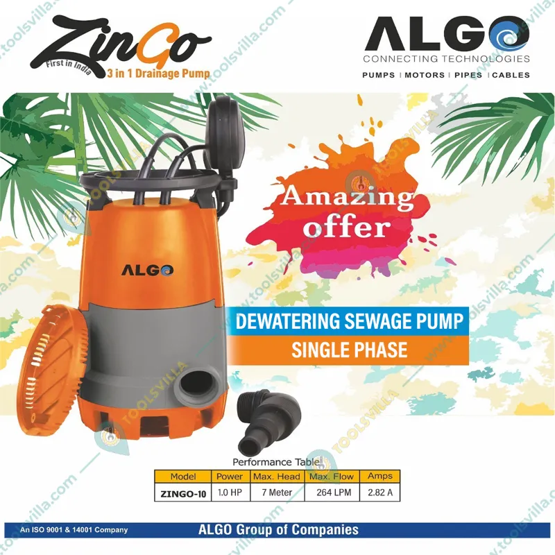 Algo (Zingo-10) 1HP Single Phase Copper Winding Dewatering Sewage Pump For Clear Water With 8M Cable - 1 Year Warranty