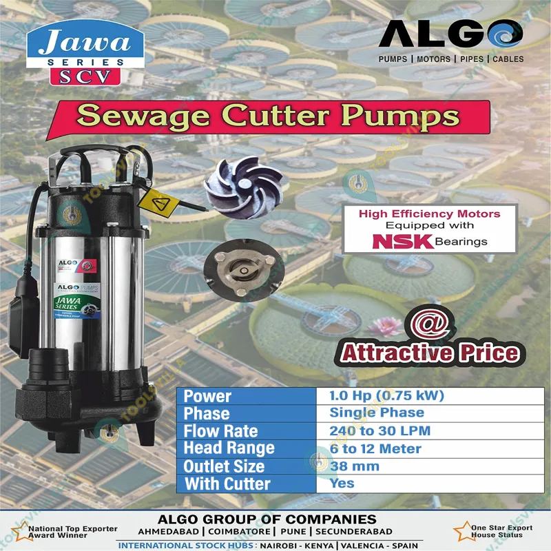 Algo 1 HP Single Phase Jawa Series Waste Water Sewage Pump With Cutter, 12M Head - 1 Year Warranty (SCV-10/C07S)