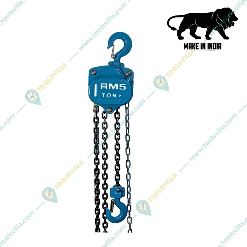 RMS 1 Ton Chain Pulley Block, 10 Meter Chain-10 Meter Standard Lift, 6 mm load chain- Single Fall