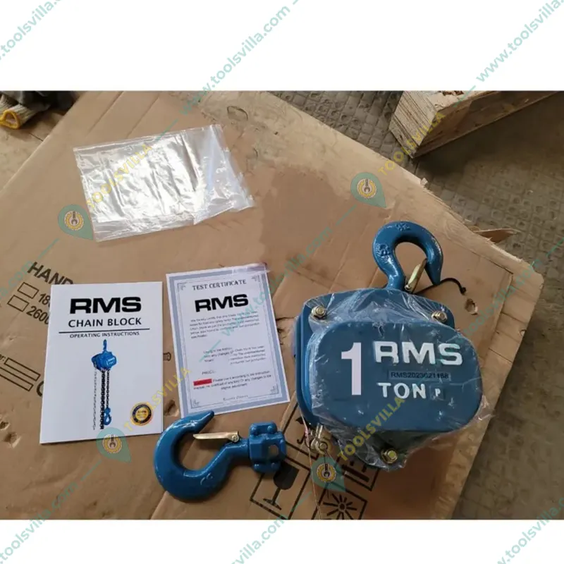 RMS 1 Ton Chain Pulley Block, 10 Meter Chain-10 Meter Standard Lift, 6 mm load chain- Single Fall