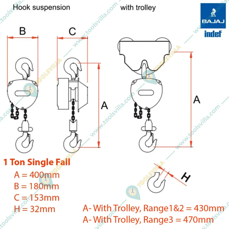 Bajaj indef M Series 1 Ton Single Fall Chain Pulley Block With 6M Load Chain, 6M Hand Chain (1 Year Warranty)
