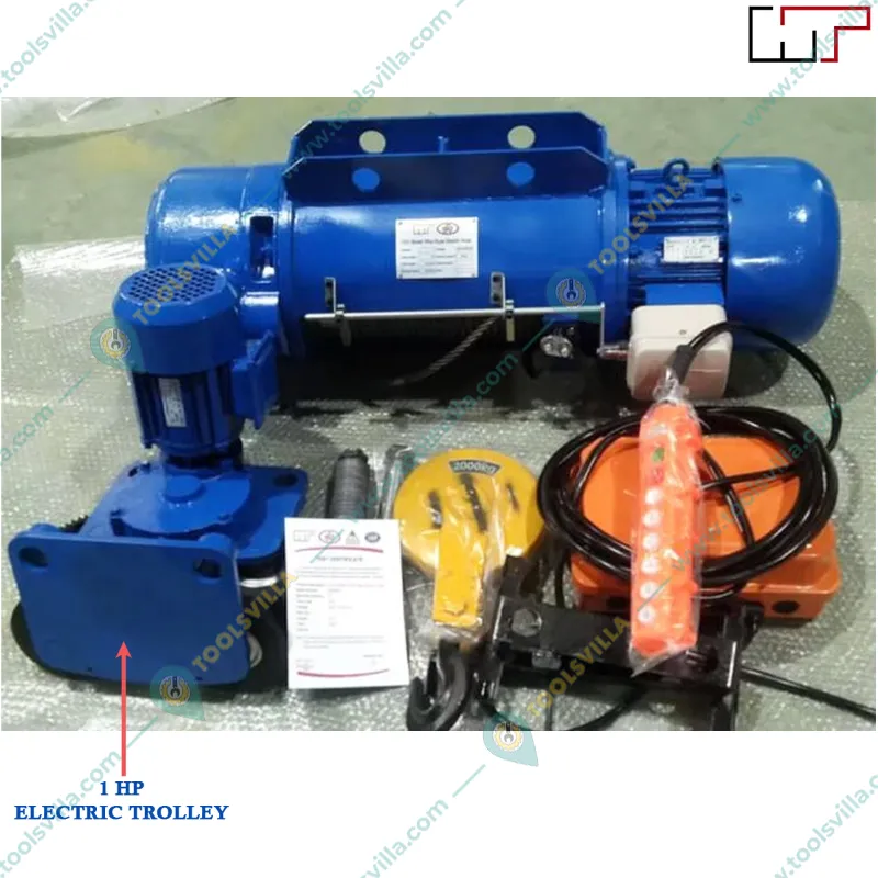 HT 1 Ton CD1 Electric Wire Rope Hoist 3 Phase- 1.5 KW, 9 Meter &9 mm Wire Rope With 1 HP Electric Trolley for Industrial Use