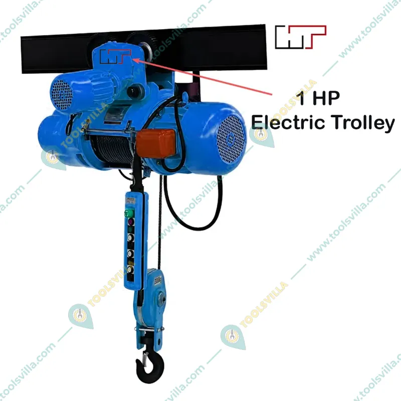 HT 1 Ton CD1 Electric Wire Rope Hoist 3 Phase- 1.5 KW, 9 Meter &9 mm Wire Rope With 1 HP Electric Trolley for Industrial Use