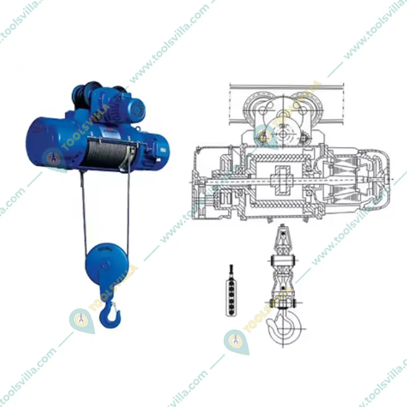 HT 1 Ton CD1 Electric Wire Rope Hoist 3 Phase- 1.5 KW, 9 Meter &9 mm Wire Rope With 1 HP Electric Trolley for Industrial Use