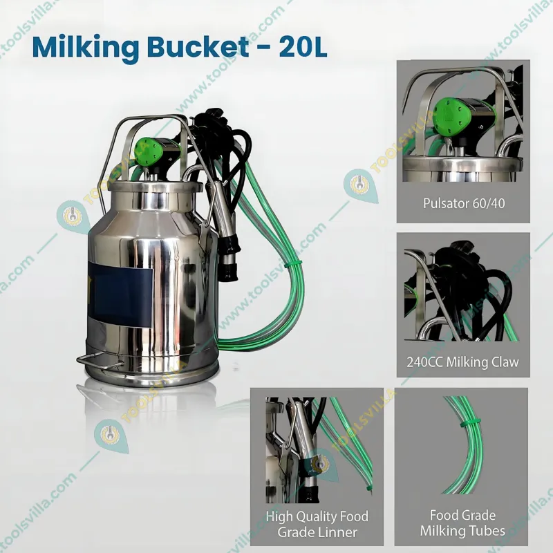 COWTOOLS 0.5 HP Stainless Steel 20L Single Bucket Milking Machine for Cow with Free Accessories