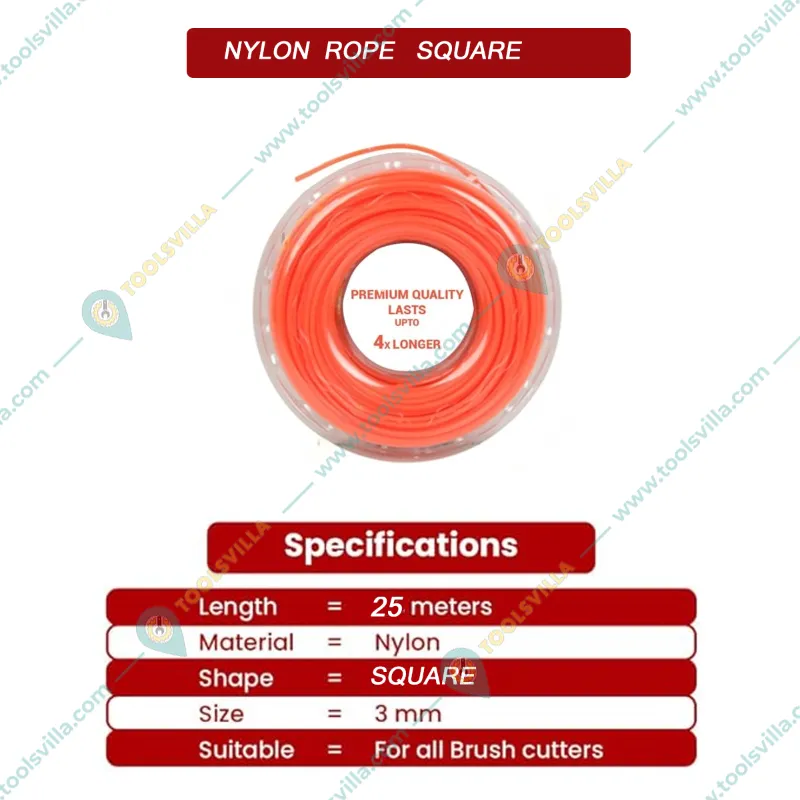 Premium Quality 3mm, 25 Meters Square Nylon Rope for Petrol Brush Cutter(Quantity-1 Pc)