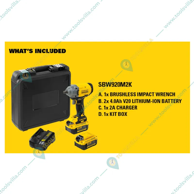 Stanley Fatmax 20 V Brushless Impact Wrench With 2 Pcs Batteries & 1 Pcs Charger, 370 Nm Torque (1 Year Warranty) (SBW920M2K)