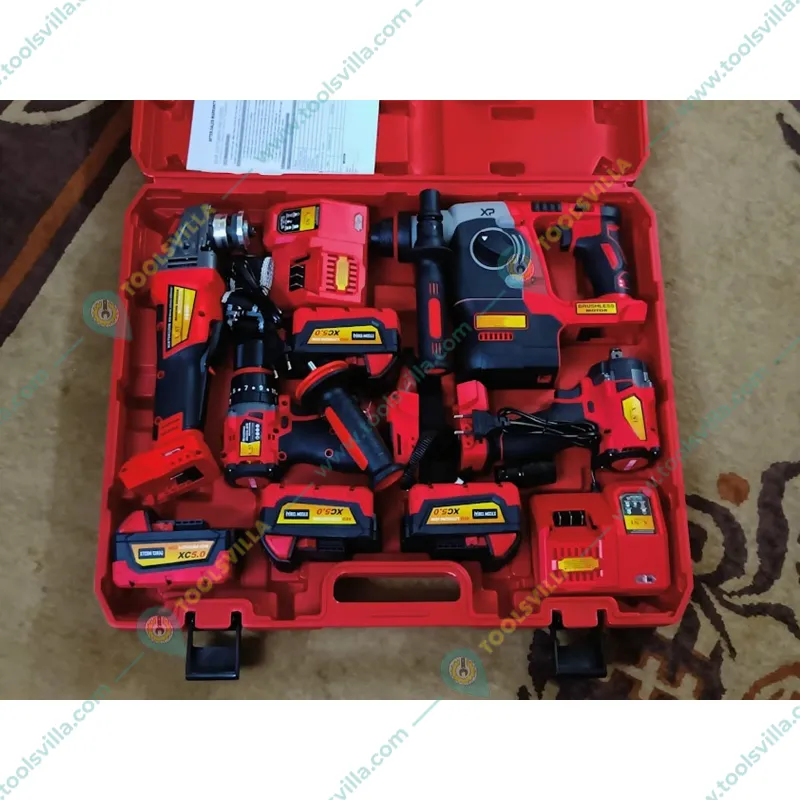 Premium Quality 21V Li-Ion Cordless Rotary Hammer, Angle Grinder, Impact Wrench & Electric Drill Combo Kit With Accessories
