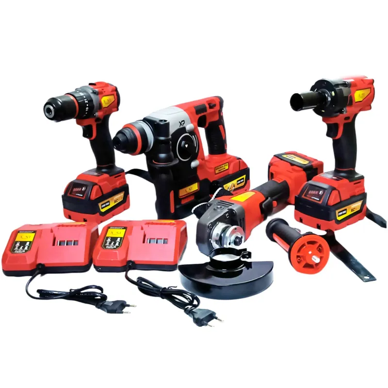 Premium Quality 21V Li-Ion Cordless Rotary Hammer, Angle Grinder, Impact Wrench & Electric Drill Combo Kit With Accessories