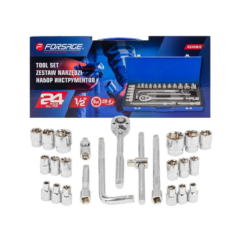FORSAGE 24-Piece 6-Point, 1/2" Drive Professional Metric Hand Socket Wrench Set (F-4245B-5)
