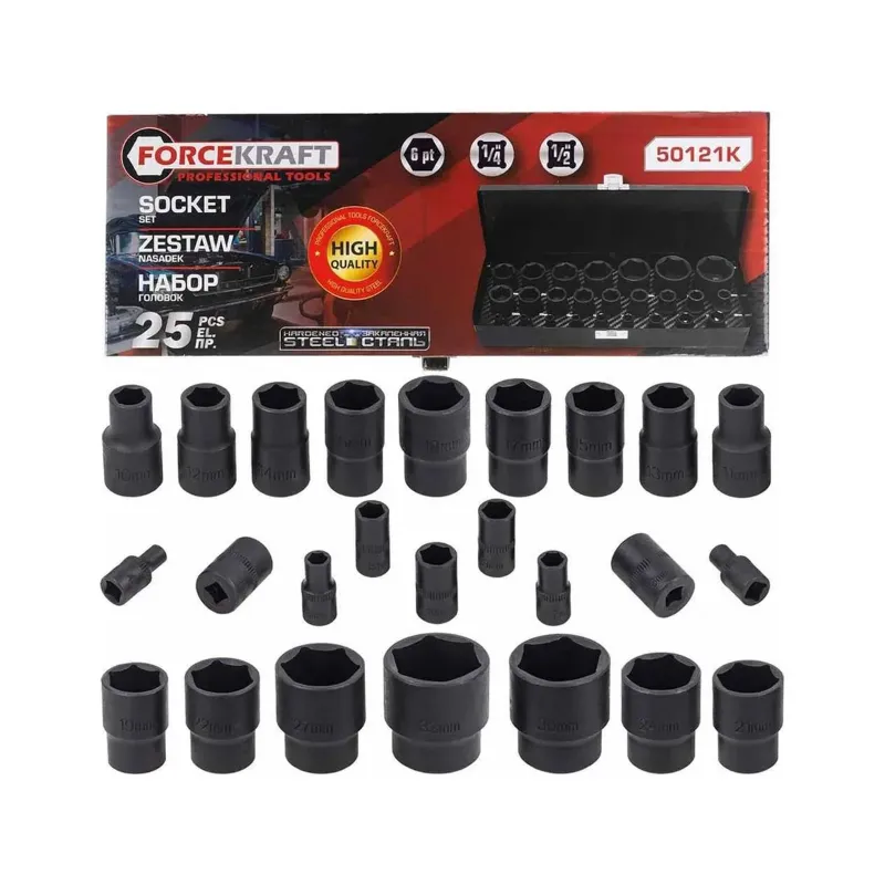 FORCEKRAFT 25-Piece Manual Socket Set 1/2" & 1/4" Drive – Chrome Vanadium, Durable Storage Case (FK-50121K)