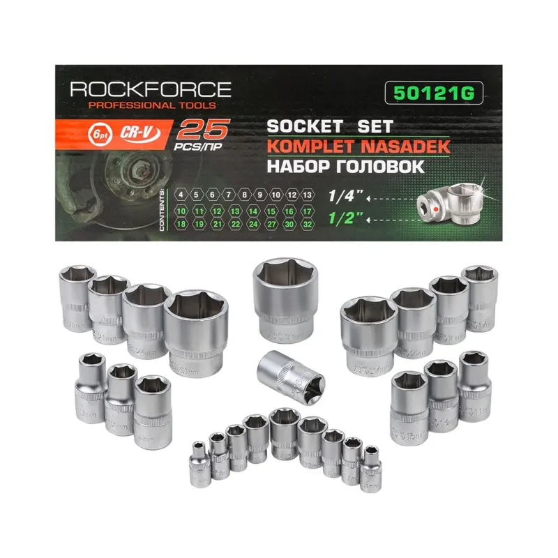 ROCKFORCE 25 Piece Cr‑V Socket / Head Set 1/4″ & 1/2″ Drives, 6‑Point, 4–32 mm (RF‑50121G)