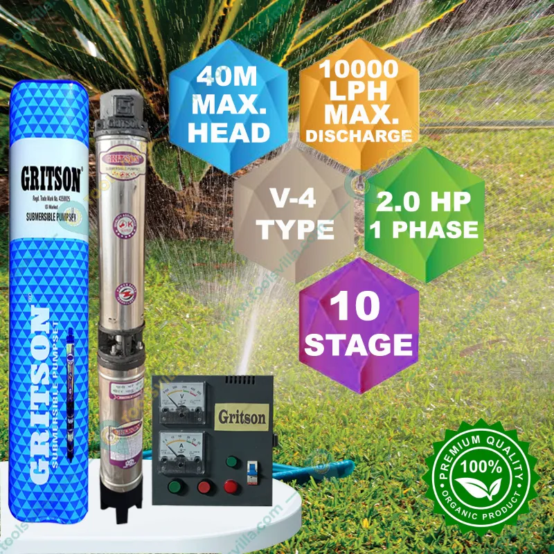 Gritson 2 HP 10 Stage(4 inch)V-4 1Phase Water Cooled Submersible Pump With CP & Accessories - 1 Year Warranty