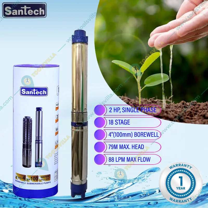 Santech 2HP 18 Stage 4 inch(V4) Single Phase Water Cooled Submersible Pump, 259ft Max. Head - 1 Year Warranty