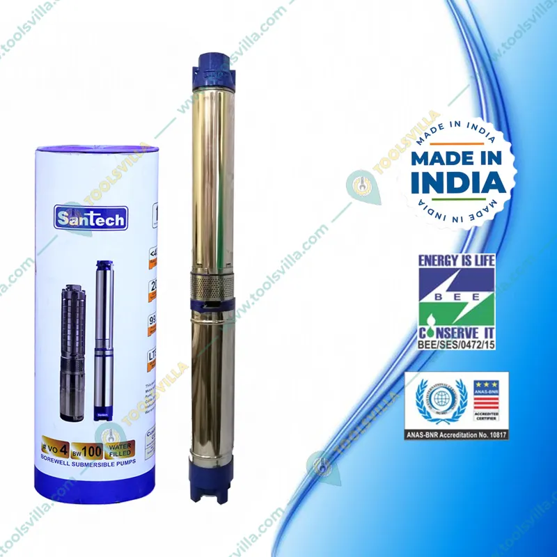 Santech 2HP 18 Stage 4 inch(V4) Single Phase Water Cooled Submersible Pump, 259ft Max. Head - 1 Year Warranty