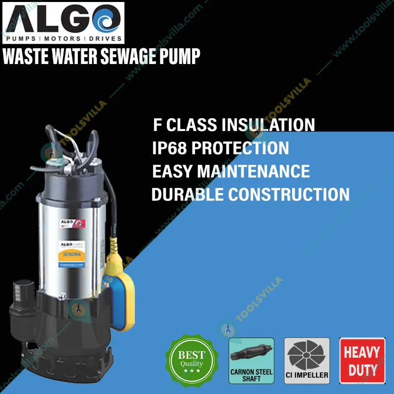Algo 2 HP Single Phase Sendra Series Waste Water Sewage Pump, 20M Head, 50x30mm - 1 Year Warranty (SV-15/D15 S)