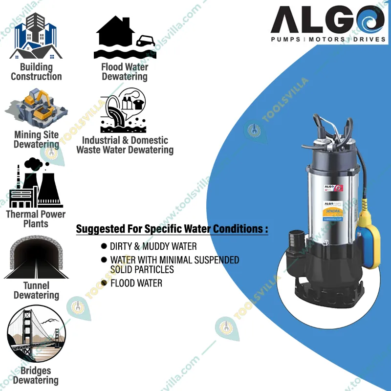 Algo 2 HP Single Phase Sendra Series Waste Water Sewage Pump, 20M Head, 50x30mm - 1 Year Warranty (SV-15/D15 S)