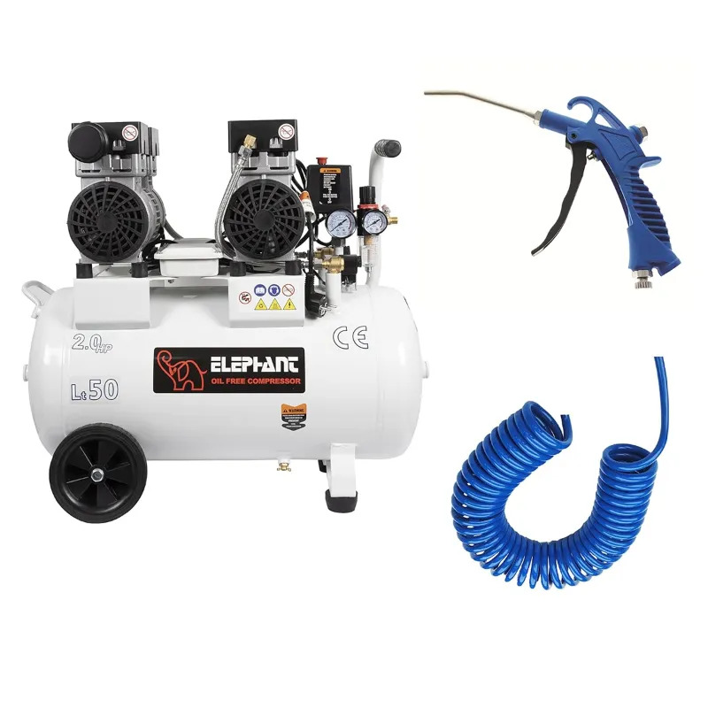 Elephant 2HP 50L Oil Free Double Head Air Compressor(AC50DC) with Air Blow Gun(ABG-05P), PU Pipe & Fitting Combo - 6 Months Warranty