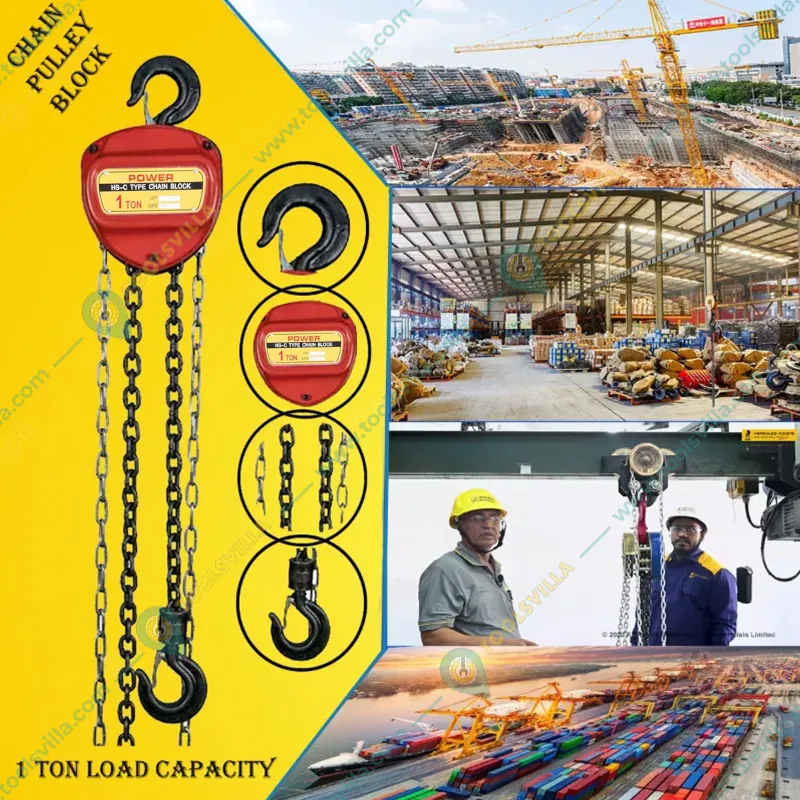 Power 1 Ton Chain Pulley Block, 3 meter Chain-3 m Standard Lift, 6 mm load chain-Single Fall