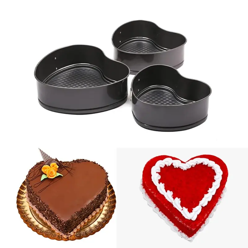 Pack of 3 Teflon Heart Shape Lockable Non-Stick Removable Base Cake Mould 