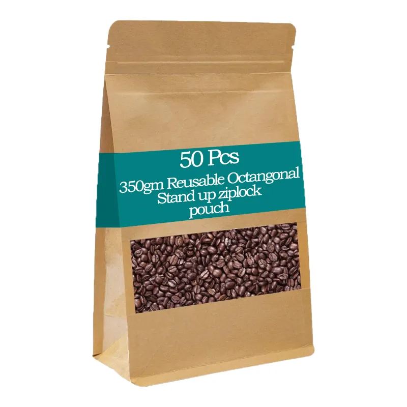 50 Pcs, 350gm Brown Reusable Octagonal Stand up Zip Lock Storage Pouch with Transparent Window