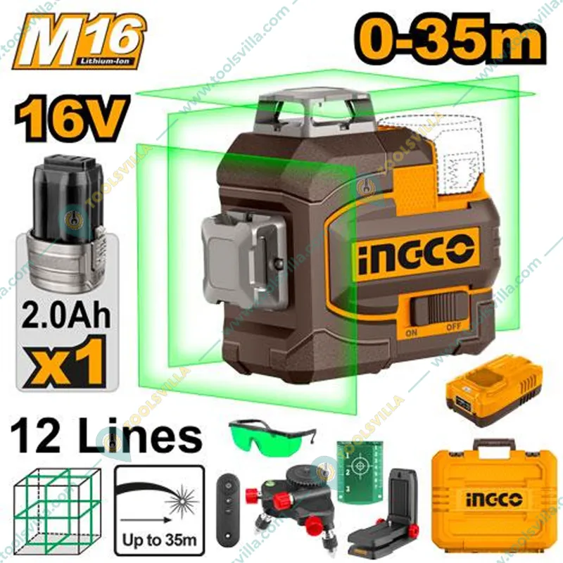Ingco 35 m 16 V Cordless 3D Self Levelling Green Laser Line (HLL301201)